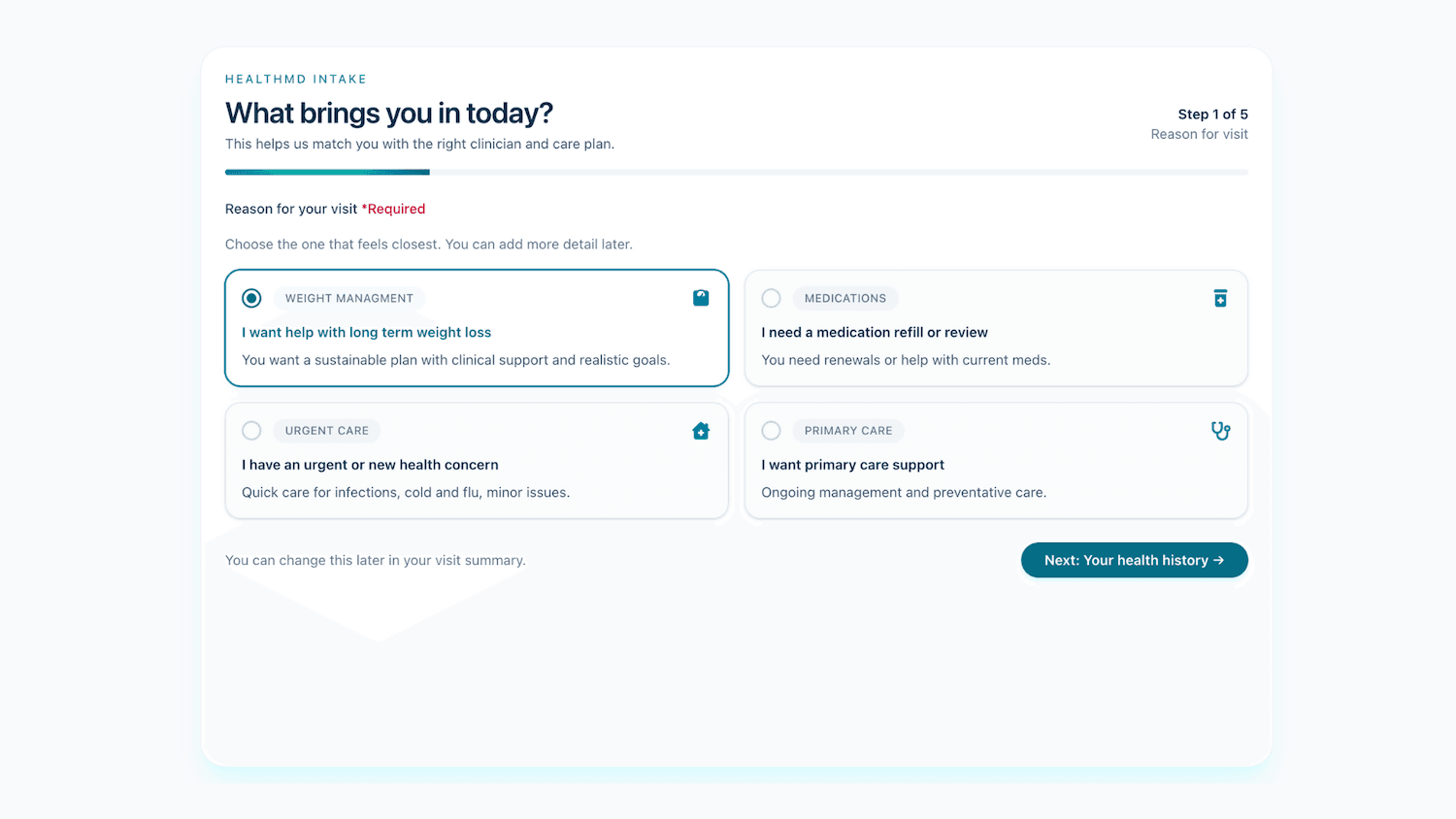 HealthMD Intake Flow homepage screenshot